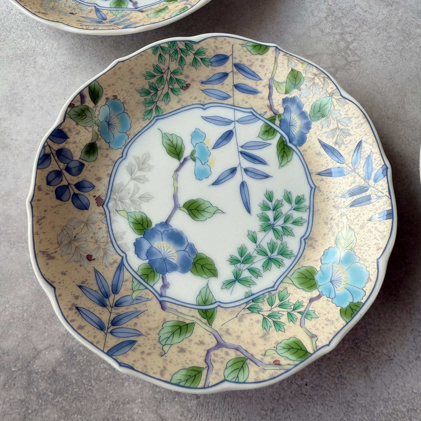 Set of 5 Mino Ware Plates by Kozan Kiln | Morning Glory & Gold Accent | 13.5cm Japan