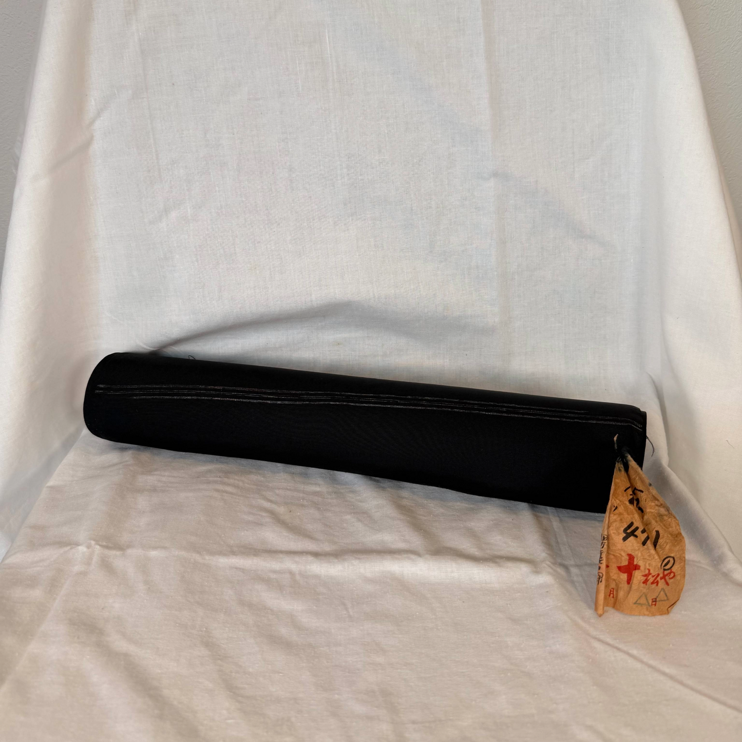 Vintage Japanese Silk Kimono Bolt – Deep Black Montsuki Fabric with Maruni Daki Myoga Crest | Formal Ceremonial Wear | 1970s Japan