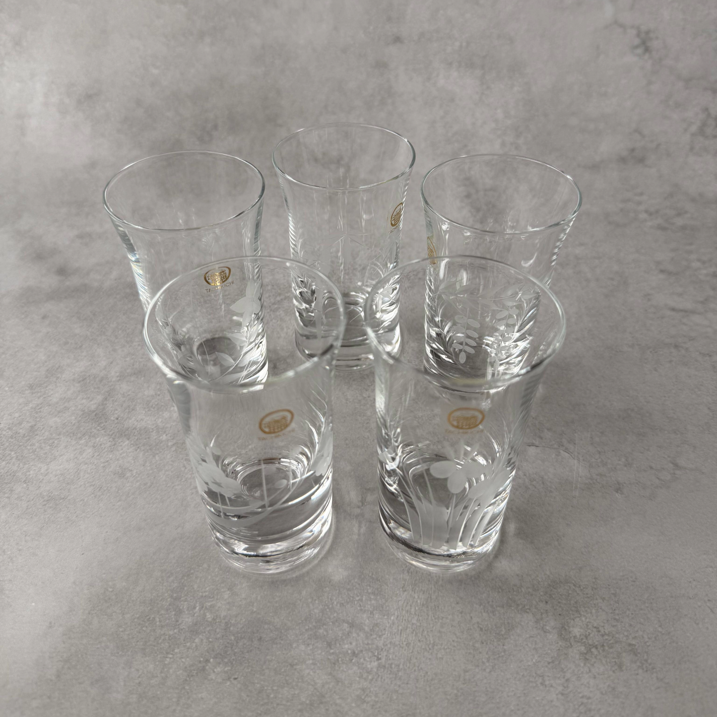Vintage Japanese Cut Glass Beer Tumblers Set of 5 - TACHIKICHI Korin 1980s Floral Motifs