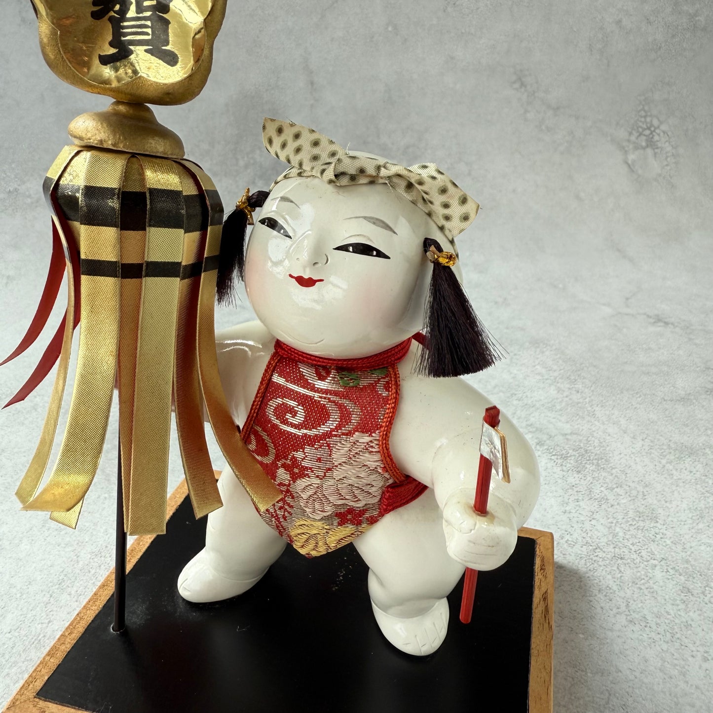 Vintage Japanese Warrior Doll – Kintaro with Gold Folding Screen | Traditional Kaga Folk Art from 1970s Japan
