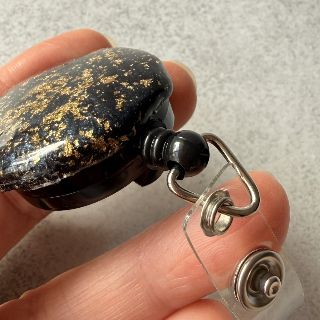 Kintsugi Style Retractable Badge Reel, Hand-painted Gold on Black Washi Paper, Japanese Zen Art ID Holder, 38mm Fabric Button, Unique Gift for Nurse