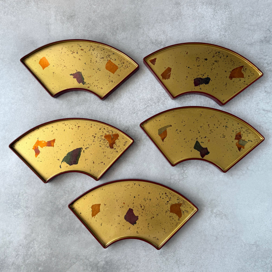 Vintage Hakuhichi Kanazawa Gold Leaf Fan-Shaped Plate Set of 5 (1970s, Rare & Hard-to-Find)