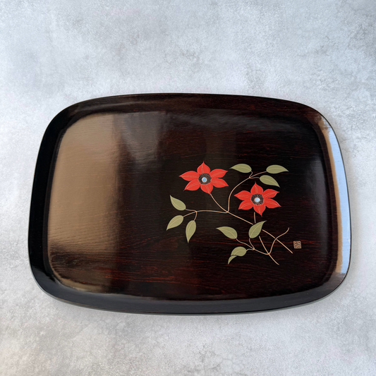Vintage 1970s Japanese Lacquerware Tray by Shoji Tsuji | Kagawa Lacquer | Keyaki Wood with Makie & Raden | Clematis Flower Design | Tea Ceremony