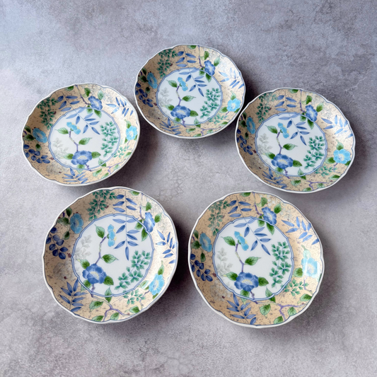 Set of 5 Mino Ware Plates by Kozan Kiln | Morning Glory & Gold Accent | 13.5cm Japan
