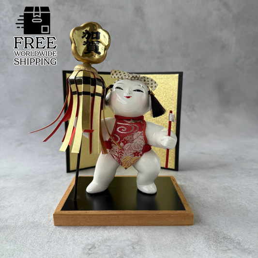 Vintage Japanese Warrior Doll – Kintaro with Gold Folding Screen | Traditional Kaga Folk Art from 1970s Japan