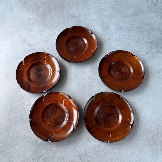 Set of 5 Vintage Japanese Lacquered Coasters | Hand-Carved Natural Wood Tea Saucers Japanese Lacquerware Tea Coasters | Set of 5 Natural Wood Petal-Shaped Plates