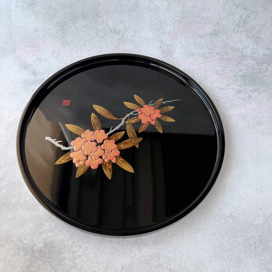 Premium Aizu Lacquerware Tray | Rhododendron Motif on Glossy Black | 28.5cm Japanese Traditional Urushi Craft