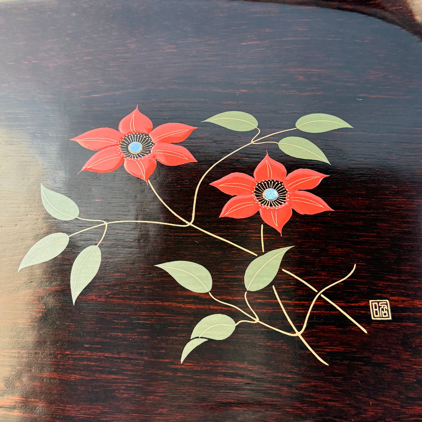 Vintage 1970s Japanese Lacquerware Tray by Shoji Tsuji | Kagawa Lacquer | Keyaki Wood with Makie & Raden | Clematis Flower Design | Tea Ceremony