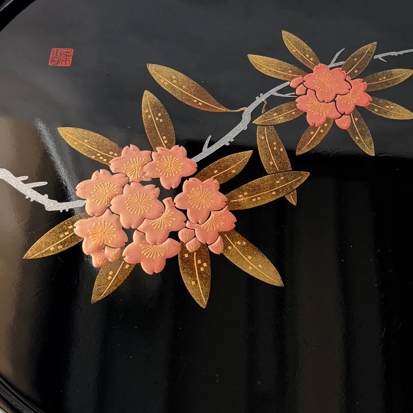 Premium Aizu Lacquerware Tray | Rhododendron Motif on Glossy Black | 28.5cm Japanese Traditional Urushi Craft