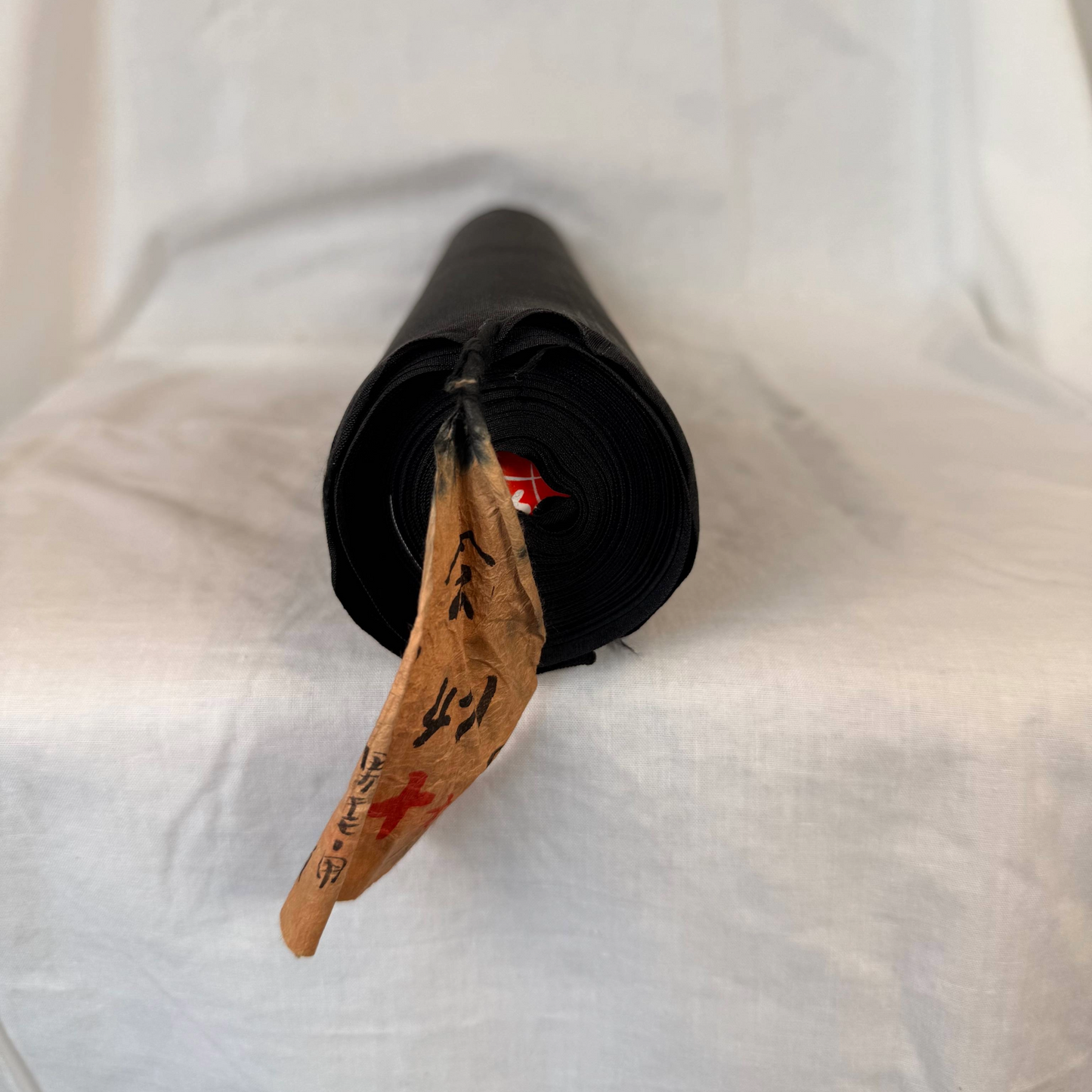 Vintage Japanese Silk Kimono Bolt – Deep Black Montsuki Fabric with Maruni Daki Myoga Crest | Formal Ceremonial Wear | 1970s Japan