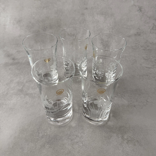 Vintage Japanese Cut Glass Beer Tumblers Set of 5 - TACHIKICHI Korin 1980s Floral Motifs