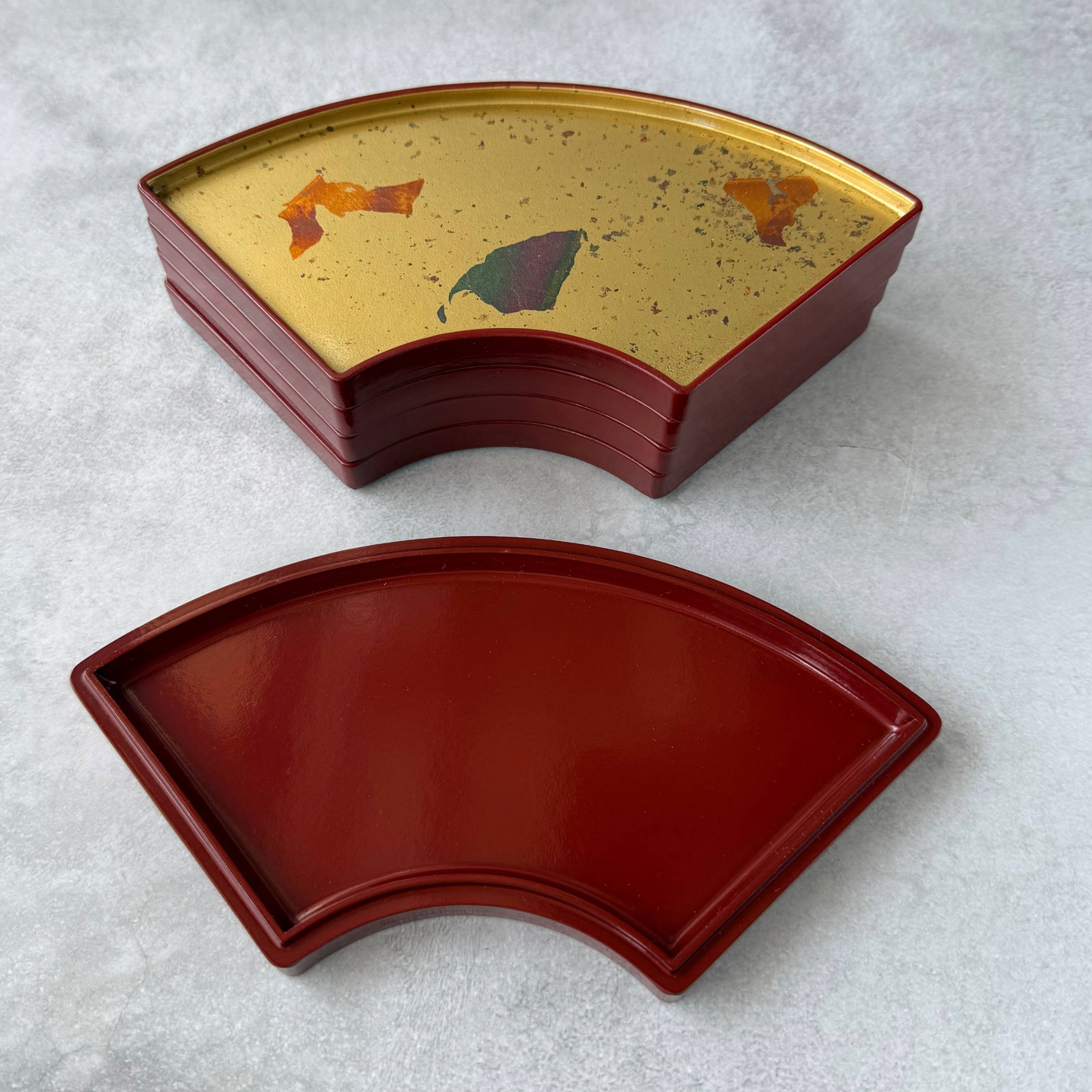 Vintage Hakuhichi Kanazawa Gold Leaf Fan-Shaped Plate Set of 5 (1970s, Rare & Hard-to-Find)