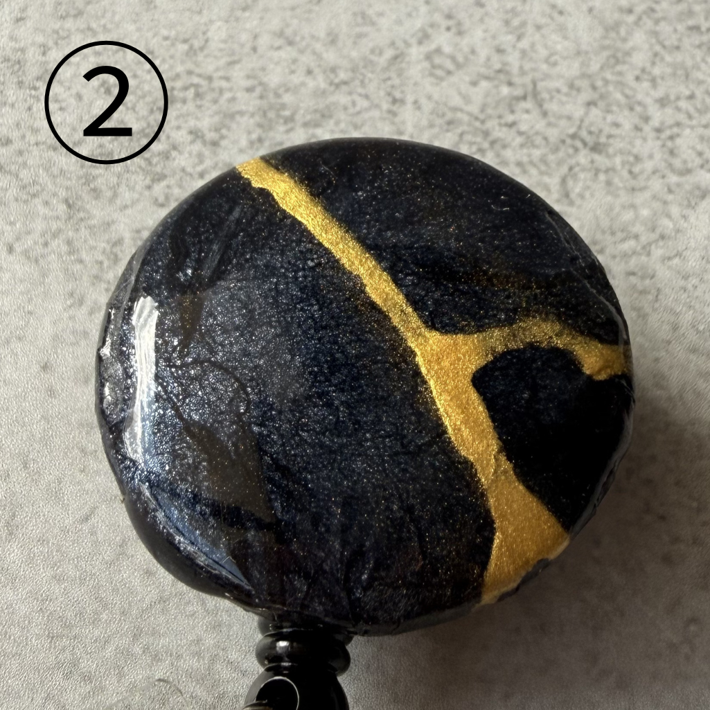 Kintsugi Style Retractable Badge Reel, Hand-painted Gold on Black Washi Paper, Japanese Zen Art ID Holder, 38mm Fabric Button, Unique Gift for Nurse