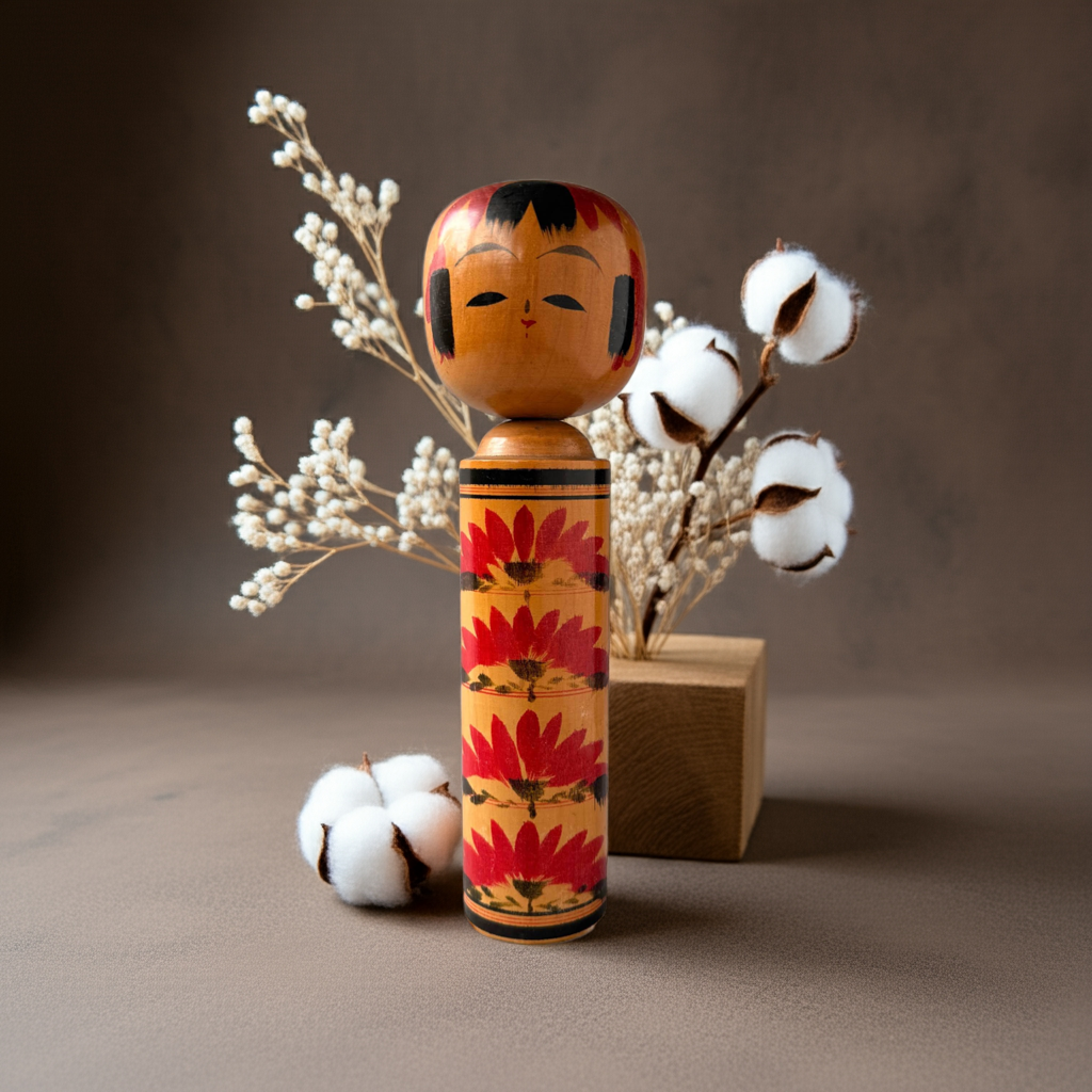 [Award-Winning Artist] Akira Ohe Vintage Kokeshi Doll, Togatta Style, 1970s – 9.45 inch Hand-Painted Japanese Folk Art