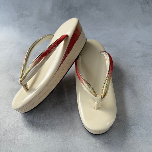 Vintage Japanese Zori 1960s | Ivory Platform Kimono Sandals | Sogo Kobe | Red Gold Strap | Formal Geta for Maiko or Wedding