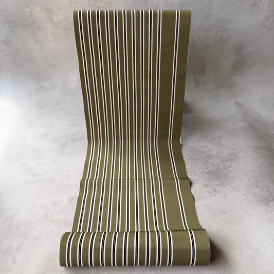 Pre-owned Japanese olive green striped obi fabric bolt shown unrolled
