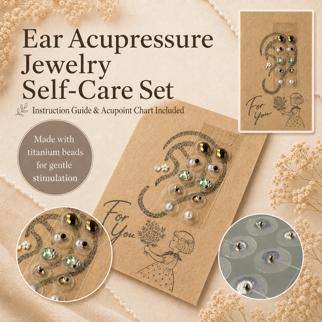 Ear Acupressure Jewelry Self-Care Set, 10 Pieces with Basic Steps & Target Points Guide