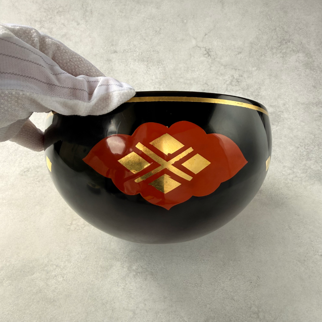 1980s Japanese Lacquerware Sweets Bowl, Black and Red Urushi Candy Bowl with Gold Floral Motif