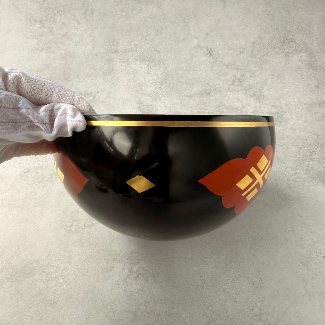 1980s Japanese Lacquerware Sweets Bowl, Black and Red Urushi Candy Bowl with Gold Floral Motif