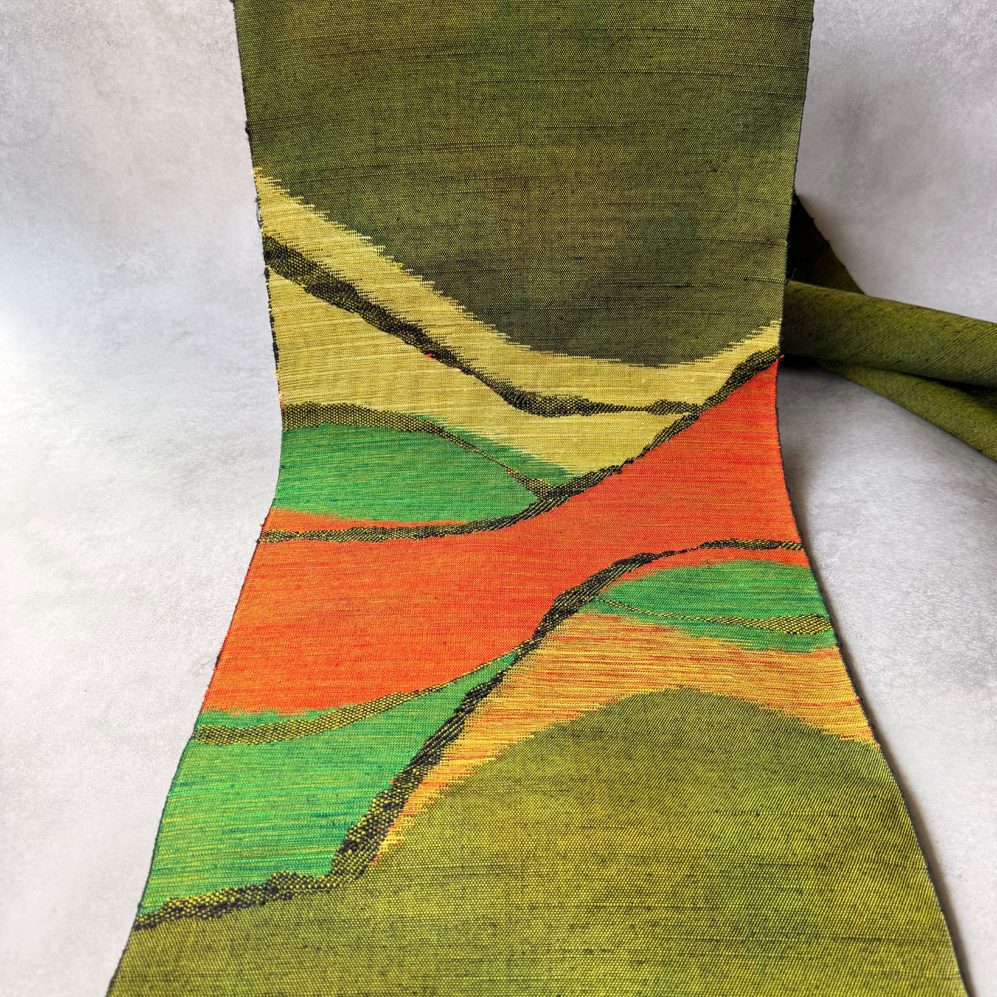 Japanese handwoven silk Nagoya obi fabric bolt with abstract mountain motif