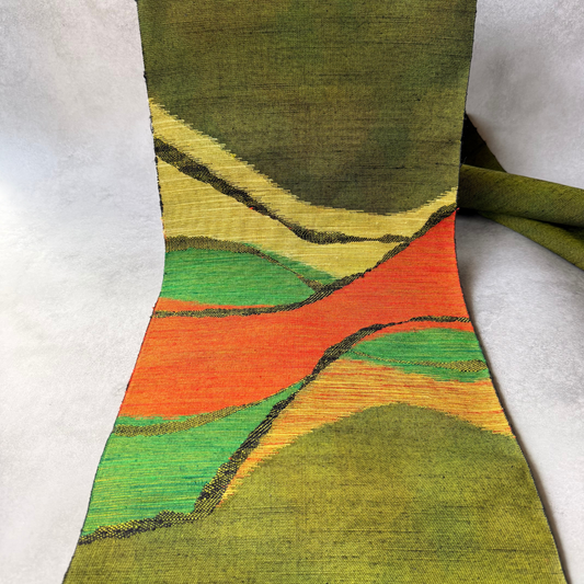 Japanese handwoven silk Nagoya obi fabric bolt with abstract mountain motif