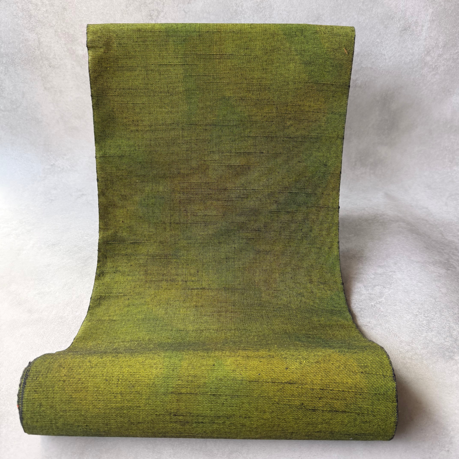 Dark matcha green handwoven tsumugi silk obi fabric reverse view